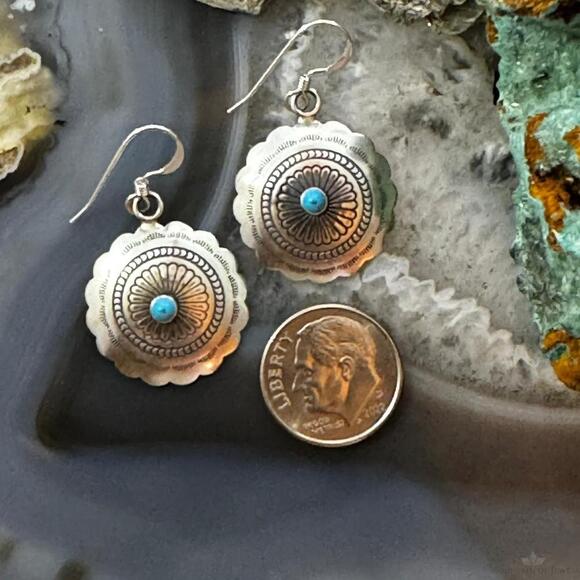 Native American Sterling Turquoise Dot Flower Concho Dangle Earrings For Women - Picture 7 of 10